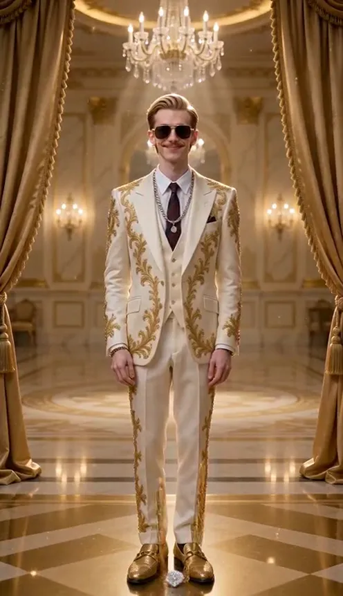 A man in a gold-embroidered suit, crown and sunglasses stands in a gold palace with a red supercar, then ends up on an ordinary Paris street in his brown suit