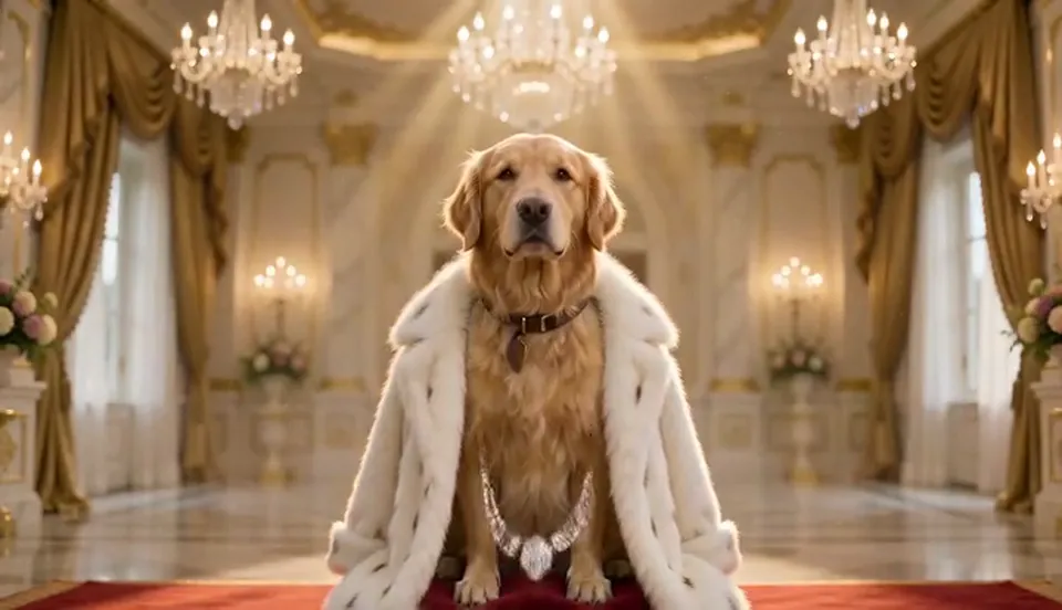 A golden retriever sits on a red velvet throne with a crown, fur cape and diamond collar, then ends up sitting in the backyard garden