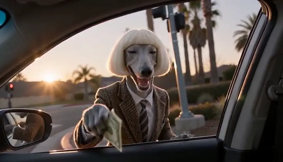 A greyhound in a suit jacket and wig stands on its hind legs on the sunset corner, holding a dollar bill and doing the plug walk in a wide 16:9 shot