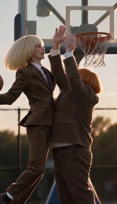A man with a platinum bob in a brown suit flies over his friend under an outdoor hoop and slams a basketball through the net
