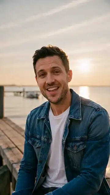 A man in a denim jacket sings on a wooden pier at sunset, then a woman with red hair smiles into the camera