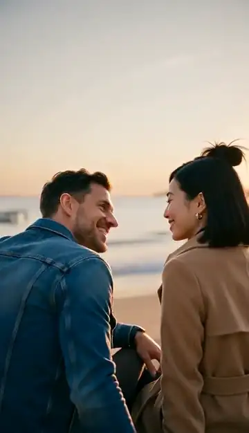 A couple in a denim jacket and a camel coat sit together on the sand, lean in and smile at the camera with the pier and sunset behind them