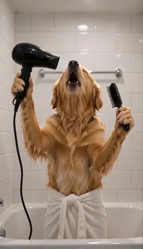 A freshly bathed dog stands in a white bathtub with a towel round its waist, blow-drying its head and singing an opera note with its eyes closed