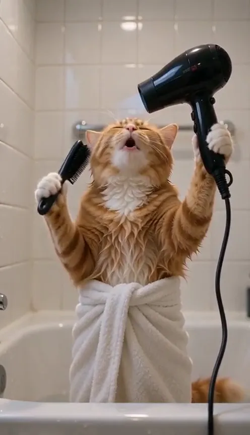 A cat in a white towel stands in a bathtub holding a hair dryer and flings one paw out as it holds a long opera note