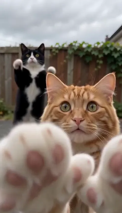 An orange tabby cat screams into the camera with both paws on its head in front of a red wooden fence with ivy while a tuxedo cat dances behind