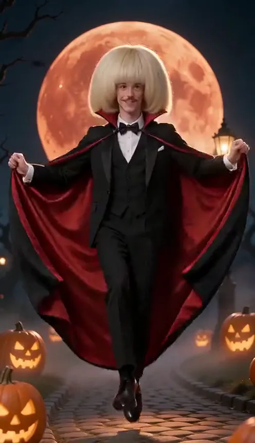 A man with a huge blonde bob and a handlebar moustache in a black suit and a red-lined vampire cape dances in front of a huge orange full moon and jack-o'-lanterns