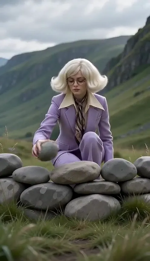 The hero stands calmly in a green mountain valley while stones land on the grass around them