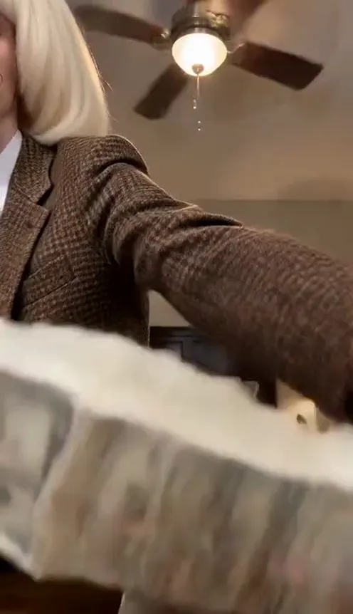 A man with a platinum bob and a brown tweed suit stands behind a table hugging a long folded ribbon of hundred-dollar bricks in a bedroom with a ceiling fan