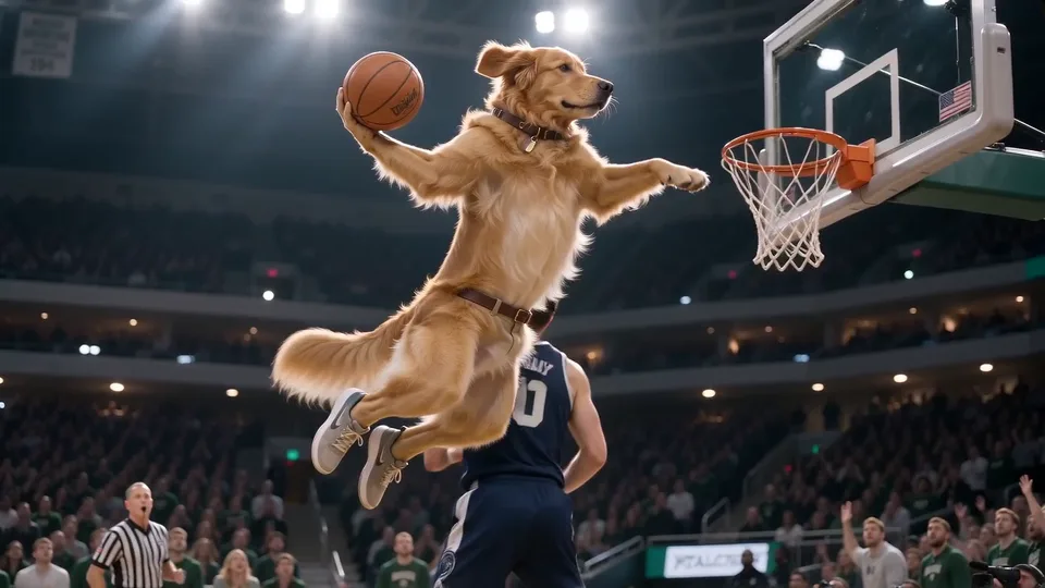 A golden retriever leaps on its hind legs toward the hoop with a basketball in its paws in a packed arena, wide 16:9 shot