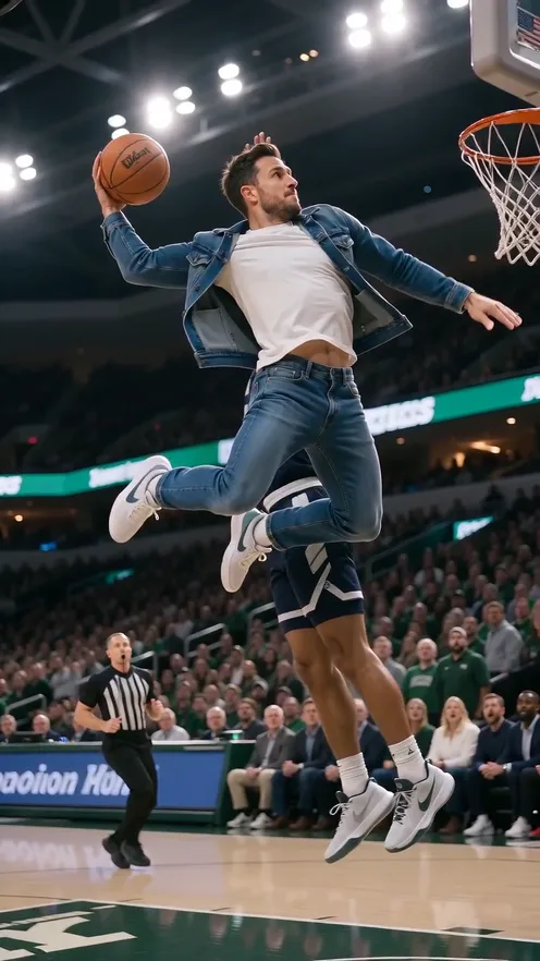 A man in a denim jacket and white T-shirt flies through the air in a packed basketball arena, ball cocked back in one hand, a defender in a navy jersey beneath him
