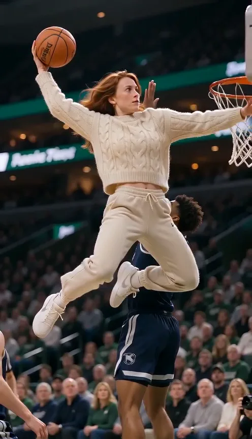 A red-haired woman in a cream cable-knit sweater soars toward the rim with the basketball raised high over a leaping defender