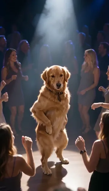 A golden retriever stands on its hind legs in a spotlight on the dance floor while people dance behind it