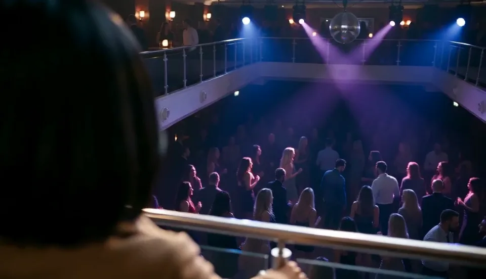 A wide 16:9 shot from the balcony: a woman at the railing looks down at a crowded dance floor where a man in a denim jacket dances in a white spotlight