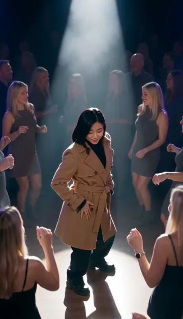 A woman in a camel coat dances with her hands on her hips in a white spotlight on a crowded nightclub dance floor