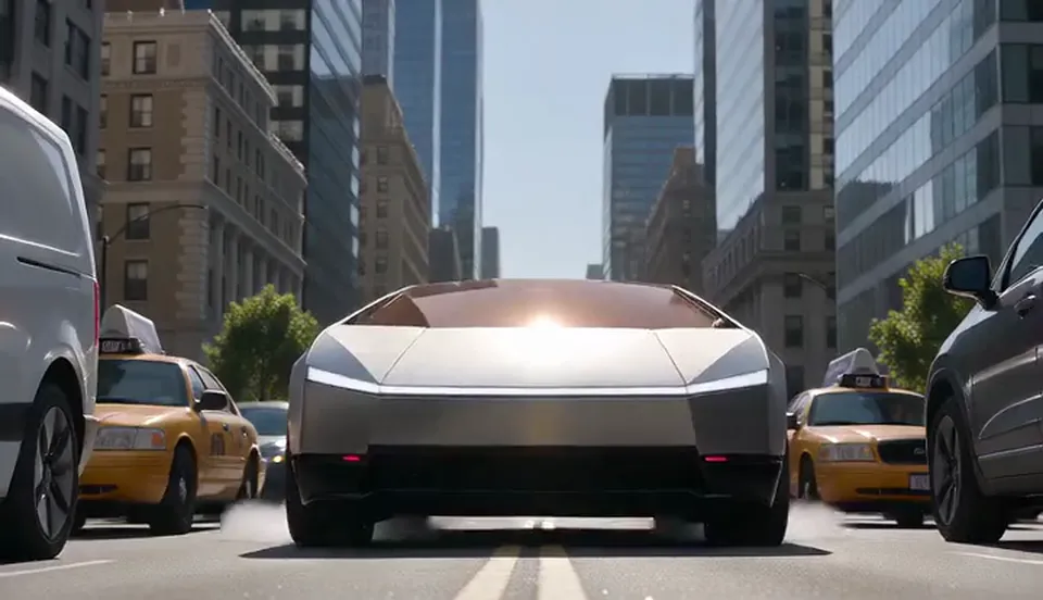 The new white Roadster with its bronze glass roof lifting out of New York traffic on jets of white vapour, yellow taxis on both sides
