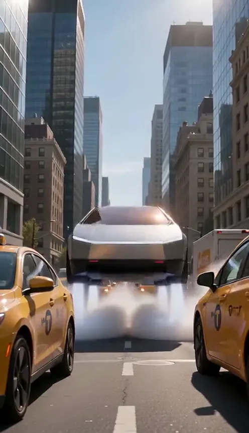 A man in a blonde bob wig and brown suit sits at the wheel of a white supercar stuck between yellow taxis in New York, moments before it lifts off