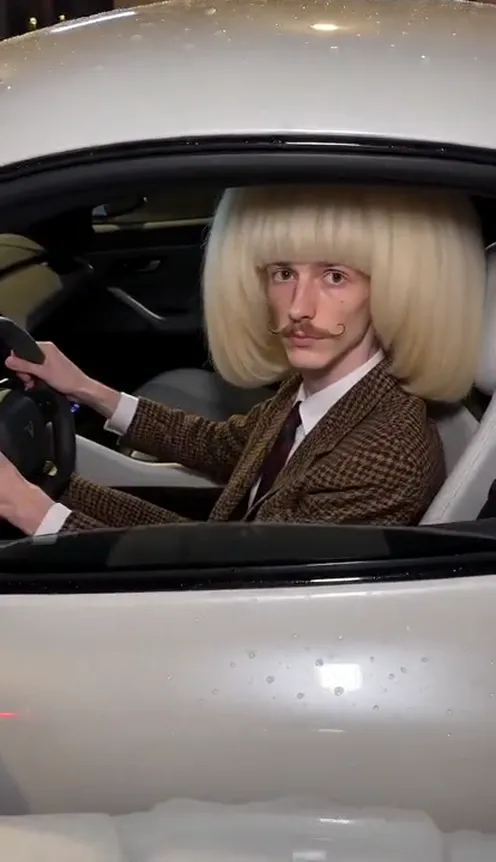 A man in a brown suit and a bob wig grips the steering wheel of a white supercar and stares at the camera while police lights flash red and blue