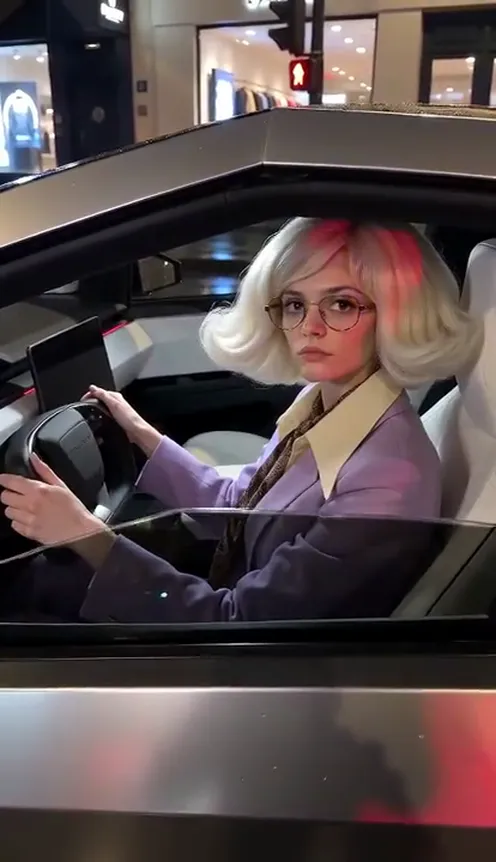 A young woman with a platinum bob and a lilac suit stares into a police bodycam through the open window of a white Roadster-style car at night