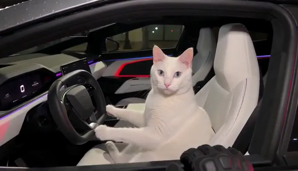 A white cat sits at the wheel of a silver-white Roadster-style car at night while a police officer in black gloves stands at the window