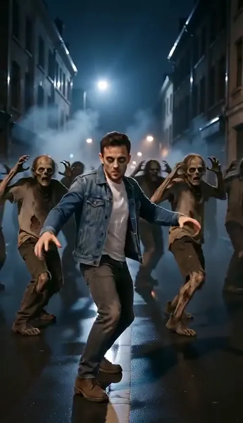 A man in his own denim jacket and white T-shirt, wearing pale zombie makeup, leads a crowd of zombies on a foggy street at night