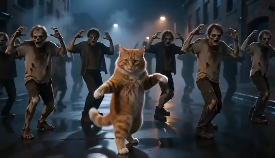 A cat standing on its hind legs leads a crowd of zombies in the Thriller dance on a foggy street, wide 16:9 shot