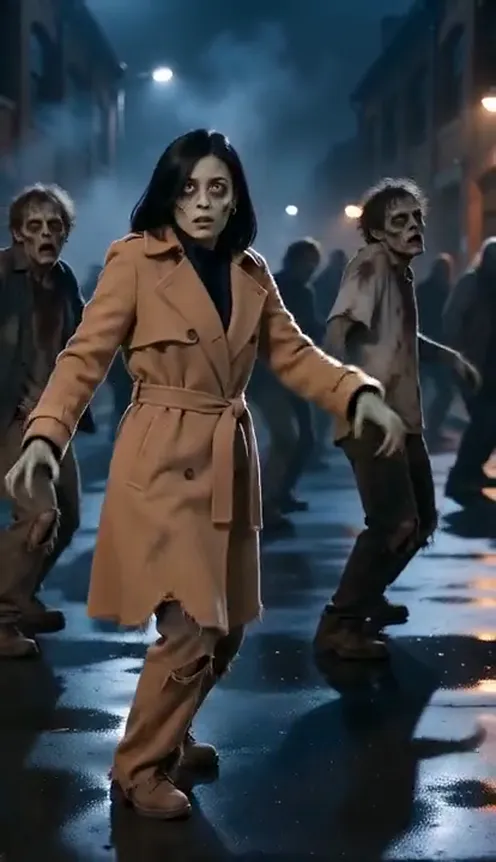 A woman in her own clothes with pale zombie makeup dances at the front of a zombie crowd on a dark street