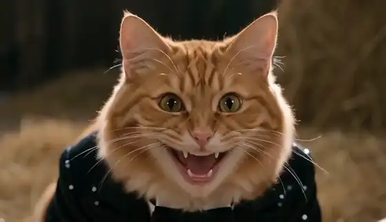 A ginger cat in a sequined tuxedo grins, then tiptoes with its arms spread through a straw barn past a frightened young woman