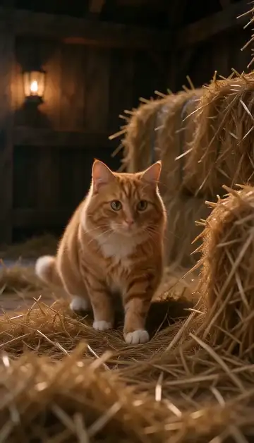 A ginger cat stands on its hind legs and tiptoes through the straw barn with its paws out while the maiden watches