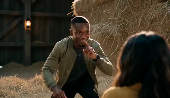A man in his own olive jacket puts a finger to his lips, grins at the camera and tiptoes around a friend sitting in the straw as the maiden