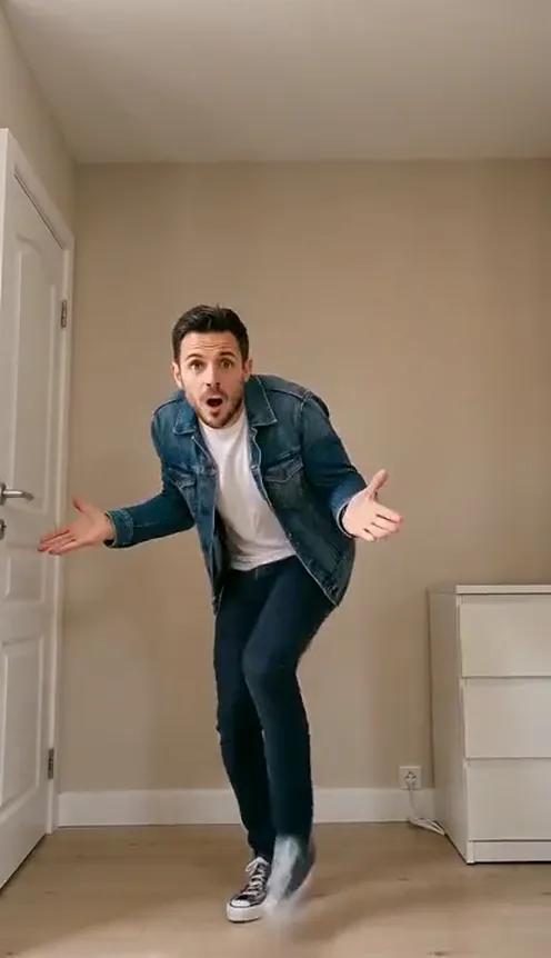 A man in his own clothes hops on one foot toward a phone camera in a small, bright room with beige walls and a white door