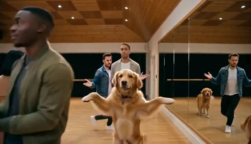 A woman in her own hoodie rushes toward a low camera in a wooden-floored dance studio, with three wig-wearing dancers in suits behind her
