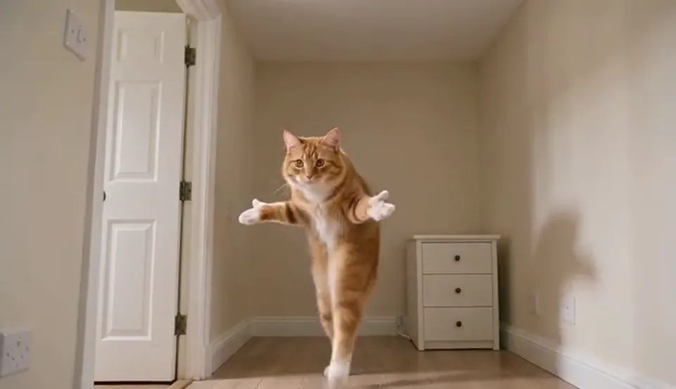A cat standing on its hind legs hops toward the phone camera in a bright room with a light wooden floor