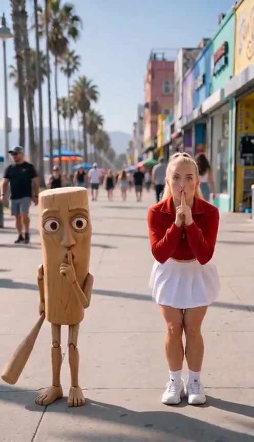 A blonde woman in a red jacket and white skirt and a wooden log puppet holding a bat do the same shh squat dance side by side on a sunny boardwalk