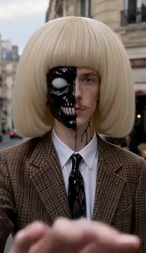 Half of a man's face is covered in glossy black goo with a white jagged eye and painted fangs after the hand-swipe reveal