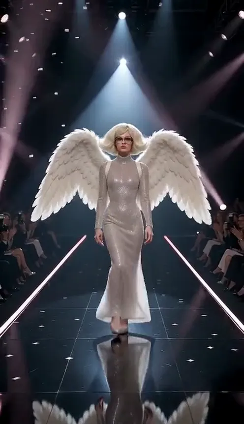 A person in huge white feathered angel wings and a sparkling sequin gown walks down a dark runway toward the camera as flashes go off on both sides