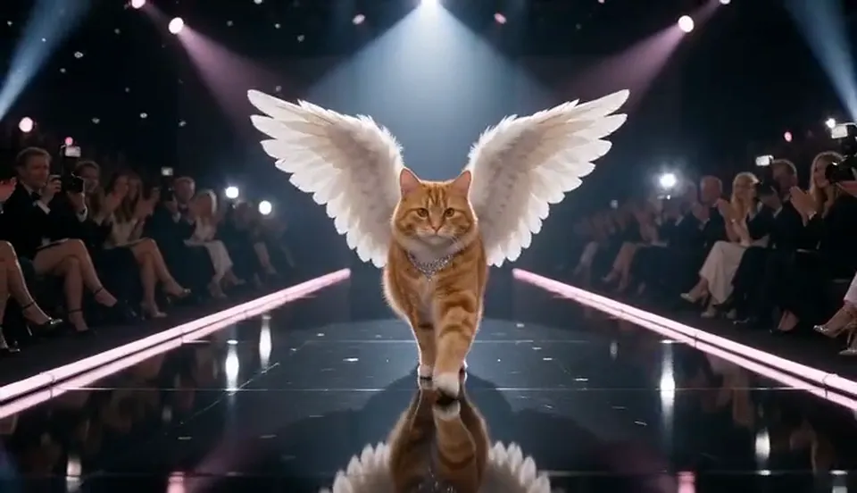 A cat in small white feathered angel wings walks down the runway toward the camera between rows of flashing cameras