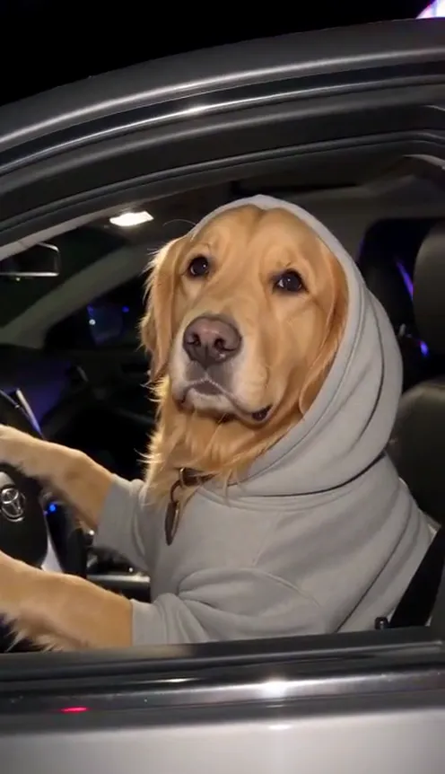 A golden retriever in a grey hoodie in the driver's seat at night, looking into a police body camera through the car window