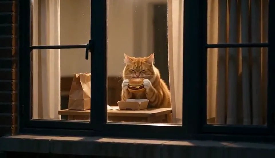 A cat sits at a table by a lit window at night with a burger, staring at the camera before pulling the curtain shut