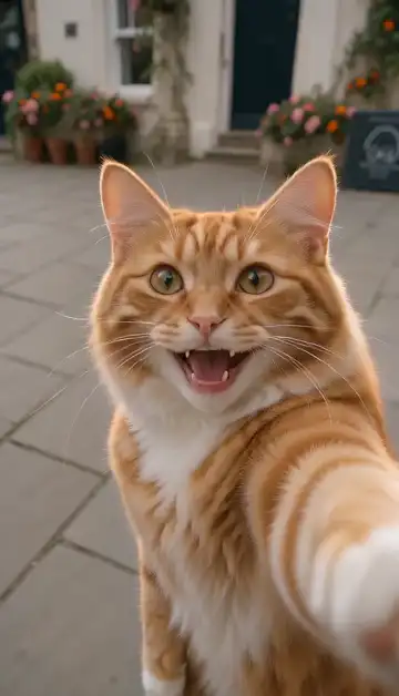 A ginger cat stands on its hind legs and does the Wipe Me Down bounce with its front paws on the square outside the townhouse