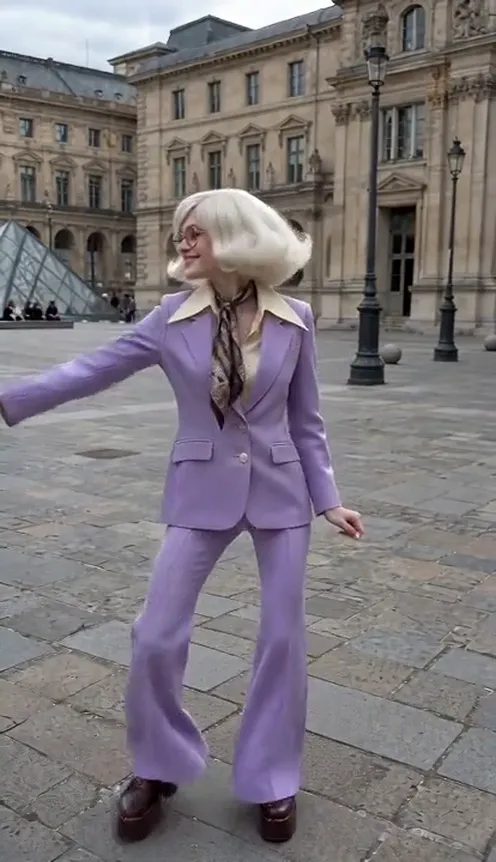 A woman in a lilac flared suit pulls a man in a brown tweed suit into the frame and they dance the Wyw My Sweetie routine side by side in a stone plaza