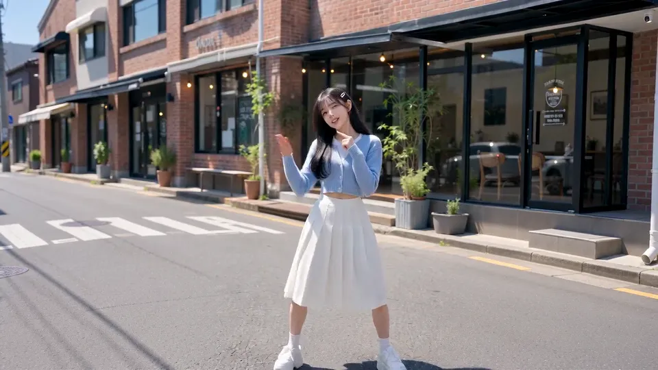 Part 1 style: a young woman in a sky-blue cardigan and white pleated skirt doing the You're Under Arrest cop dance on a Seoul street, generated from one photo