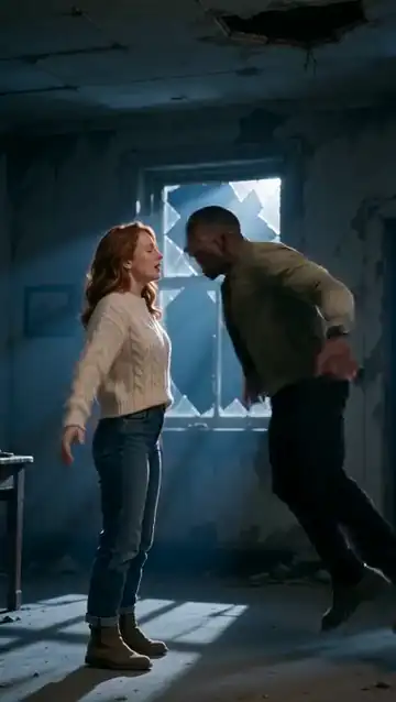 A red-haired woman in a cream sweater faces her zombie partner in an abandoned room, then the scene cuts to the two of them leaping into each other's arms in a sunlit wheat field
