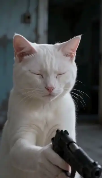 A white cat drops its pistol and opens its paws, then hugs a schnauzer in a golden wheat field