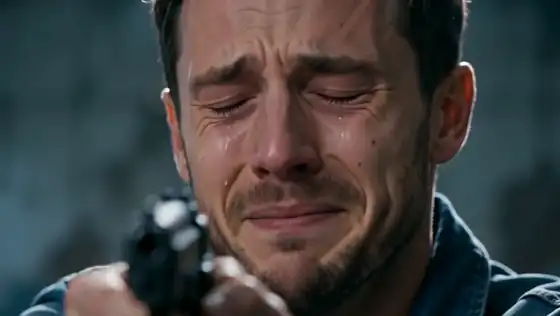 A crying man lowers his gun and opens his arms in an abandoned room, then the scene cuts to him hugging his partner in a golden wheat field