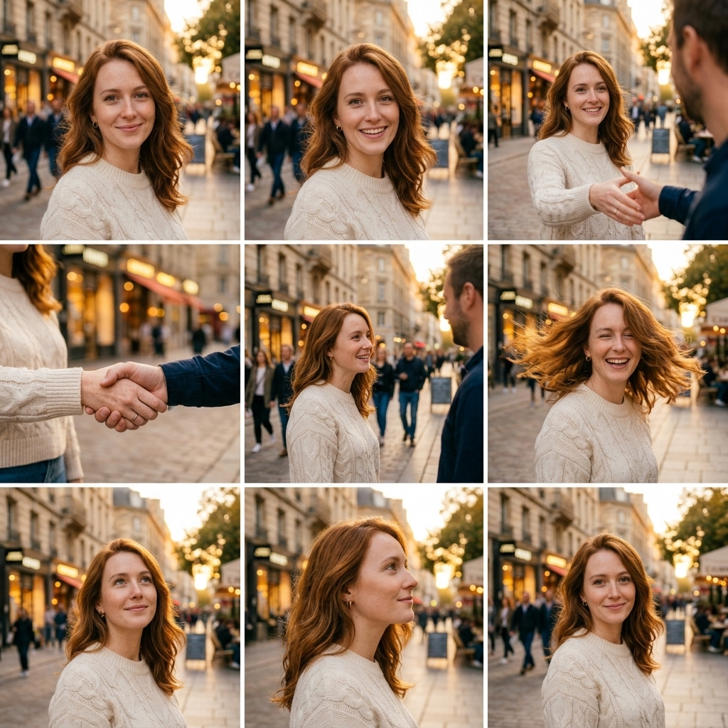 A 3×3 grid of nine frames of the same woman on a street, each a moment later than the last