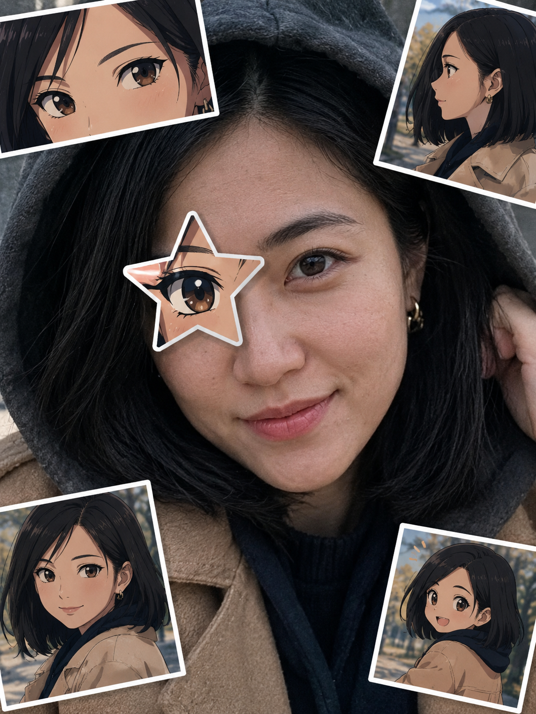 Anime eye trend selfie: a woman with a black bob in a dark hood, a star sticker with a drawn anime eye lined up over one eye and four anime stickers of her anime twin around her face