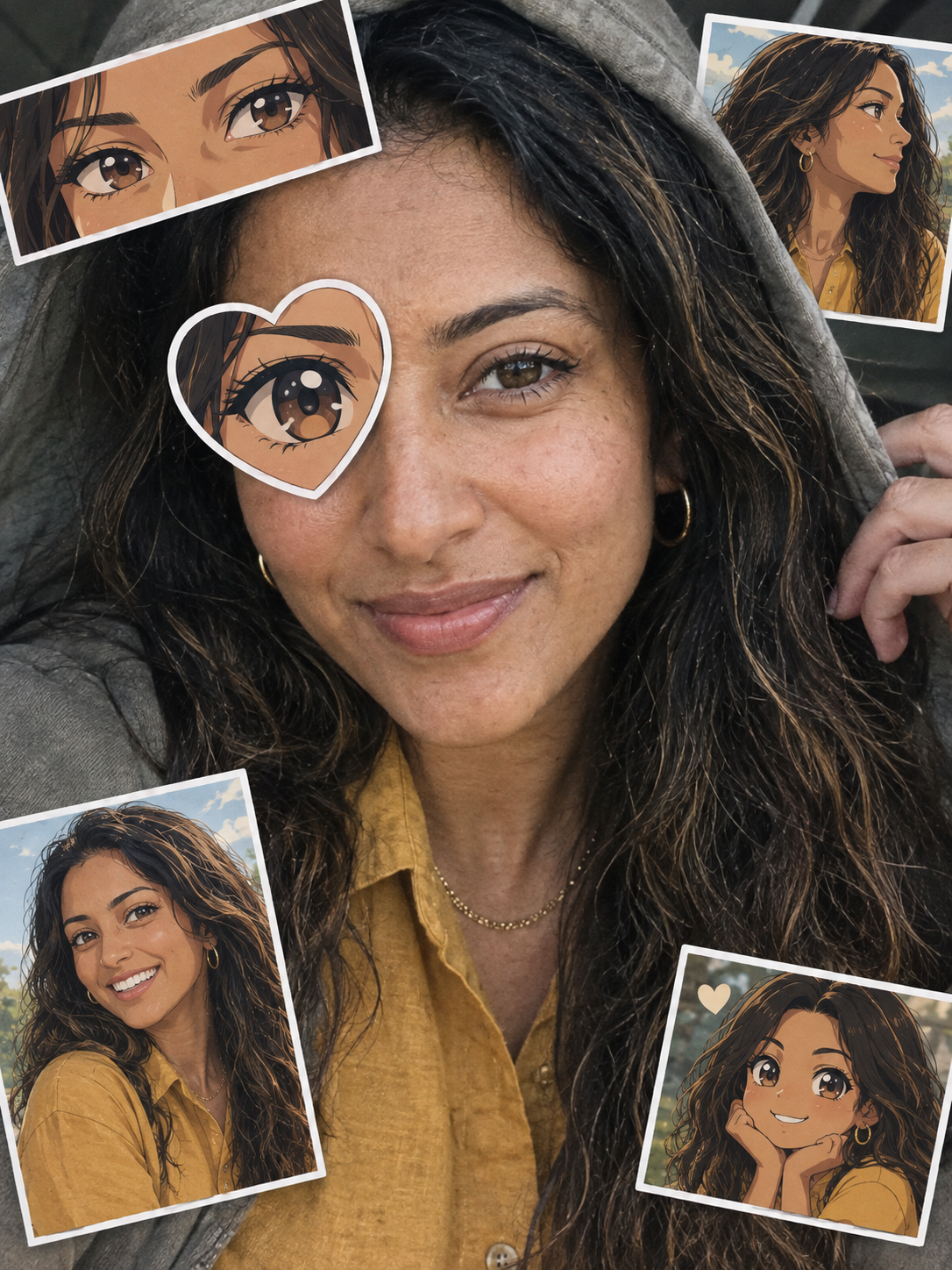 Heart anime eye trend: a woman with long dark wavy hair and a mustard shirt, a heart-shaped anime eye sticker over one eye and pastel anime stickers of her own anime version
