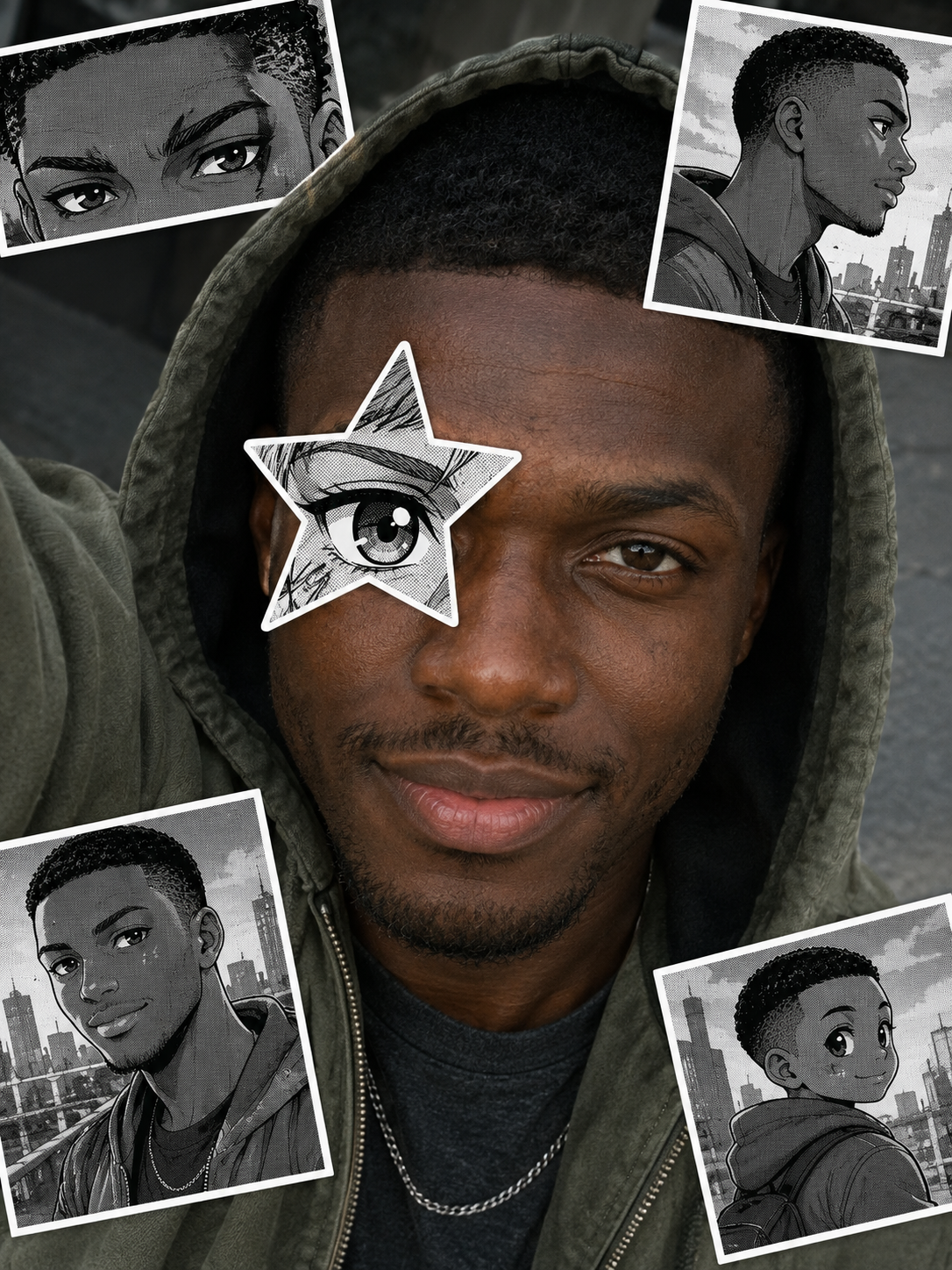 Manga anime eye trend: a man in a green hoodie with a black-and-white manga star eye sticker and four screentone manga stickers of his anime self