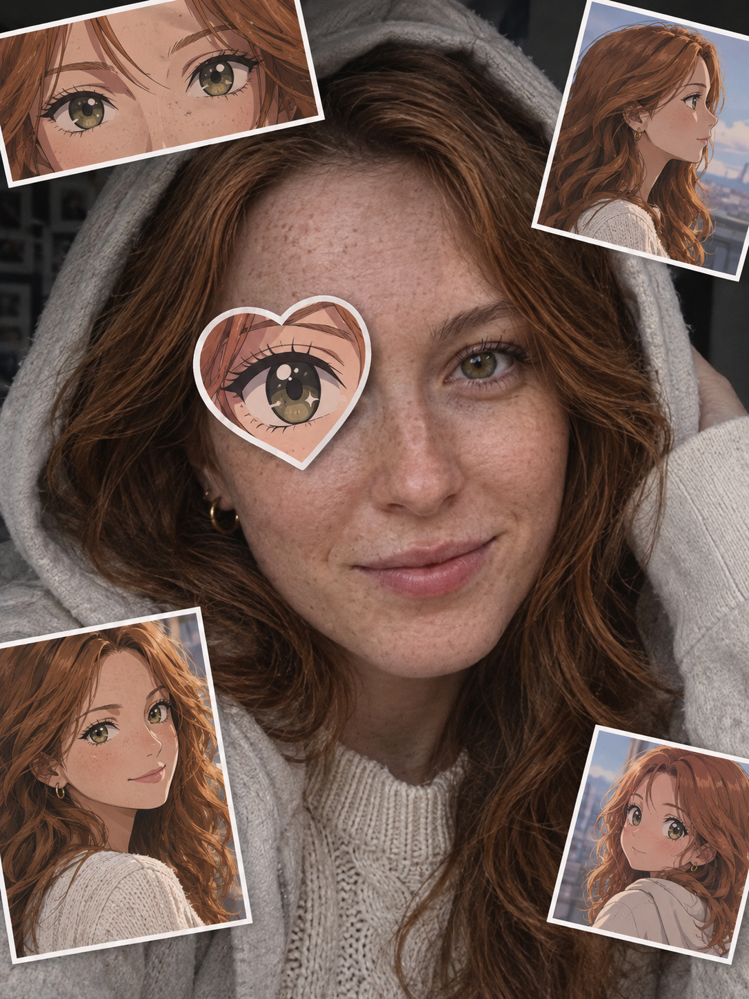 Anime eye trend with a heart eye: a red-haired woman in a grey hood with a heart anime eye sticker and anime stickers of her anime twin