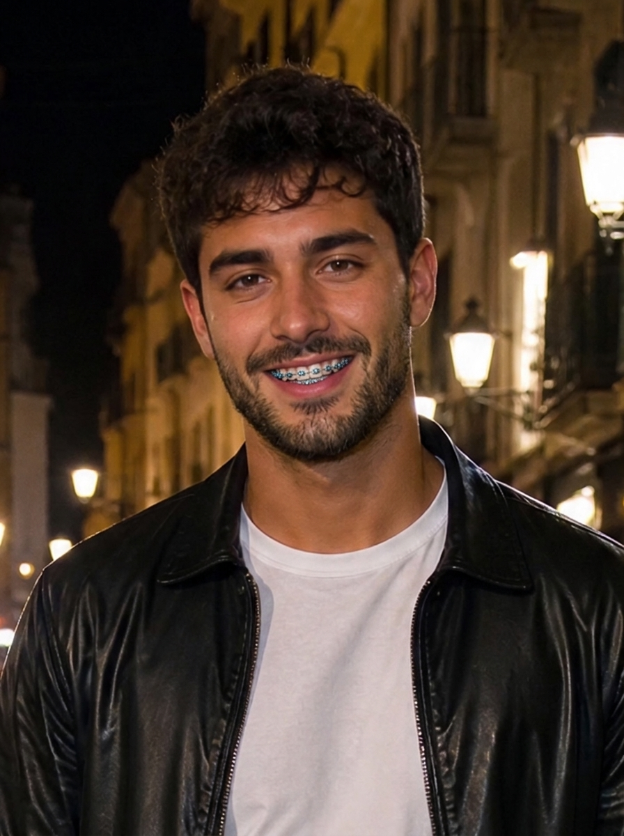 Filtro de brackets con barba: un hombre de cabello oscuro rizado y chaqueta de cuero negra sonríe con brackets metálicos de ligas azules y una barba corta arreglada en una calle de noche